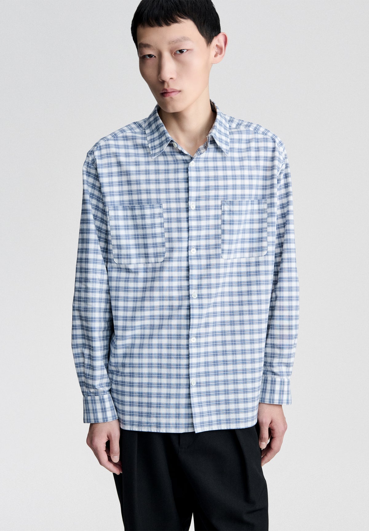 Ecru shirt with blue checks in organic cotton