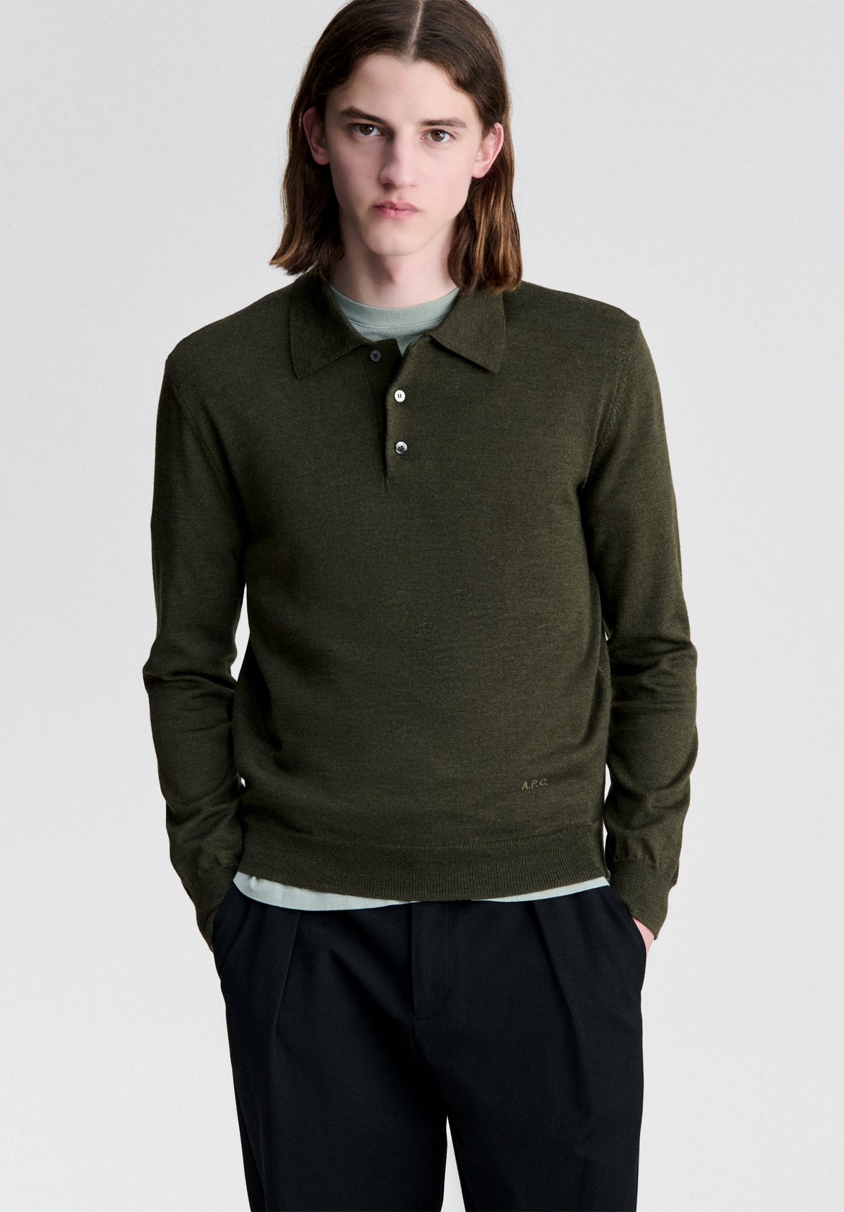 Long-sleeved dark green wool polo shirt