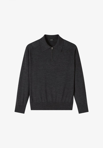 Long-sleeved grey wool polo shirt