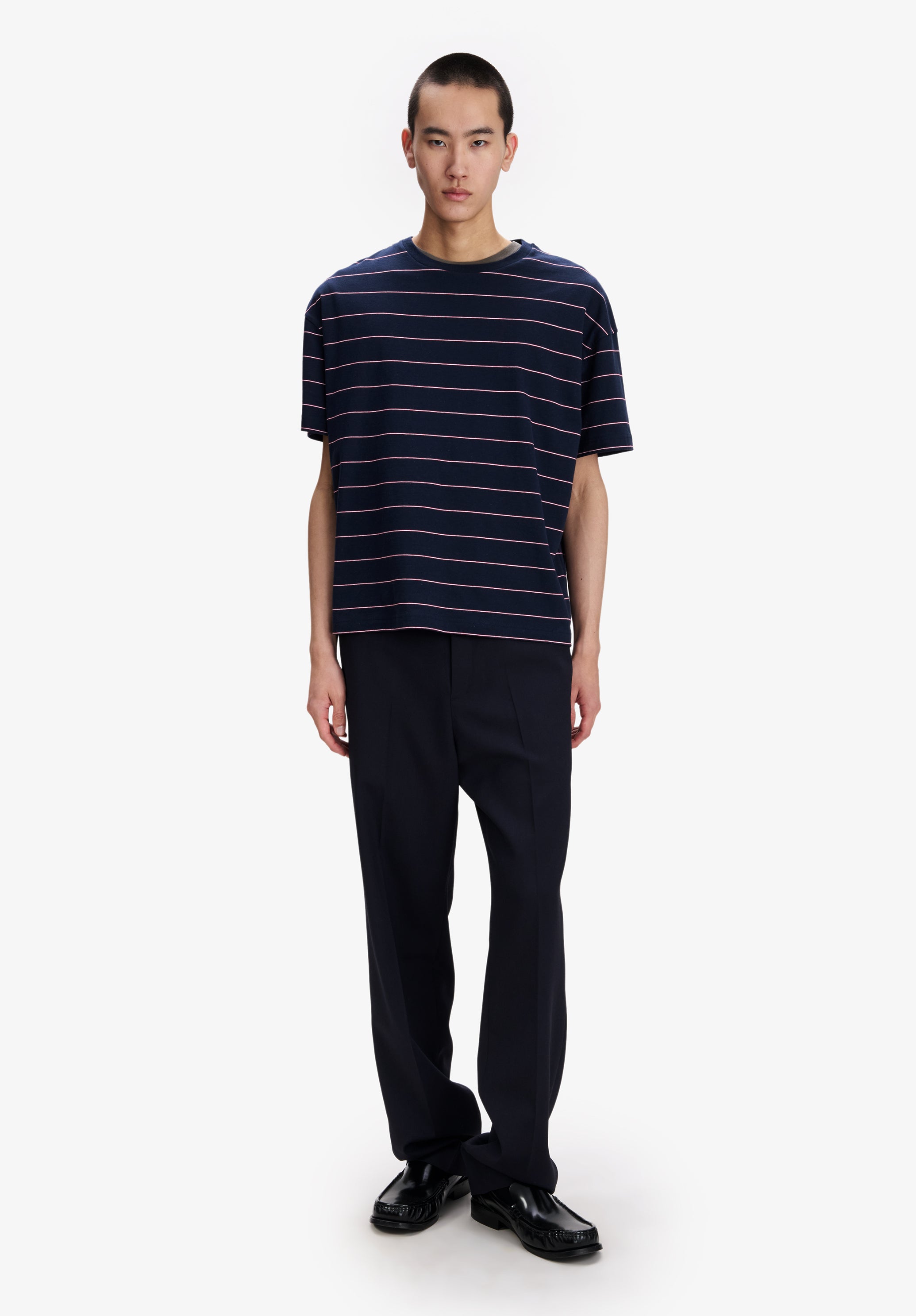 Loose navy blue t-shirt with pink stripes - 1