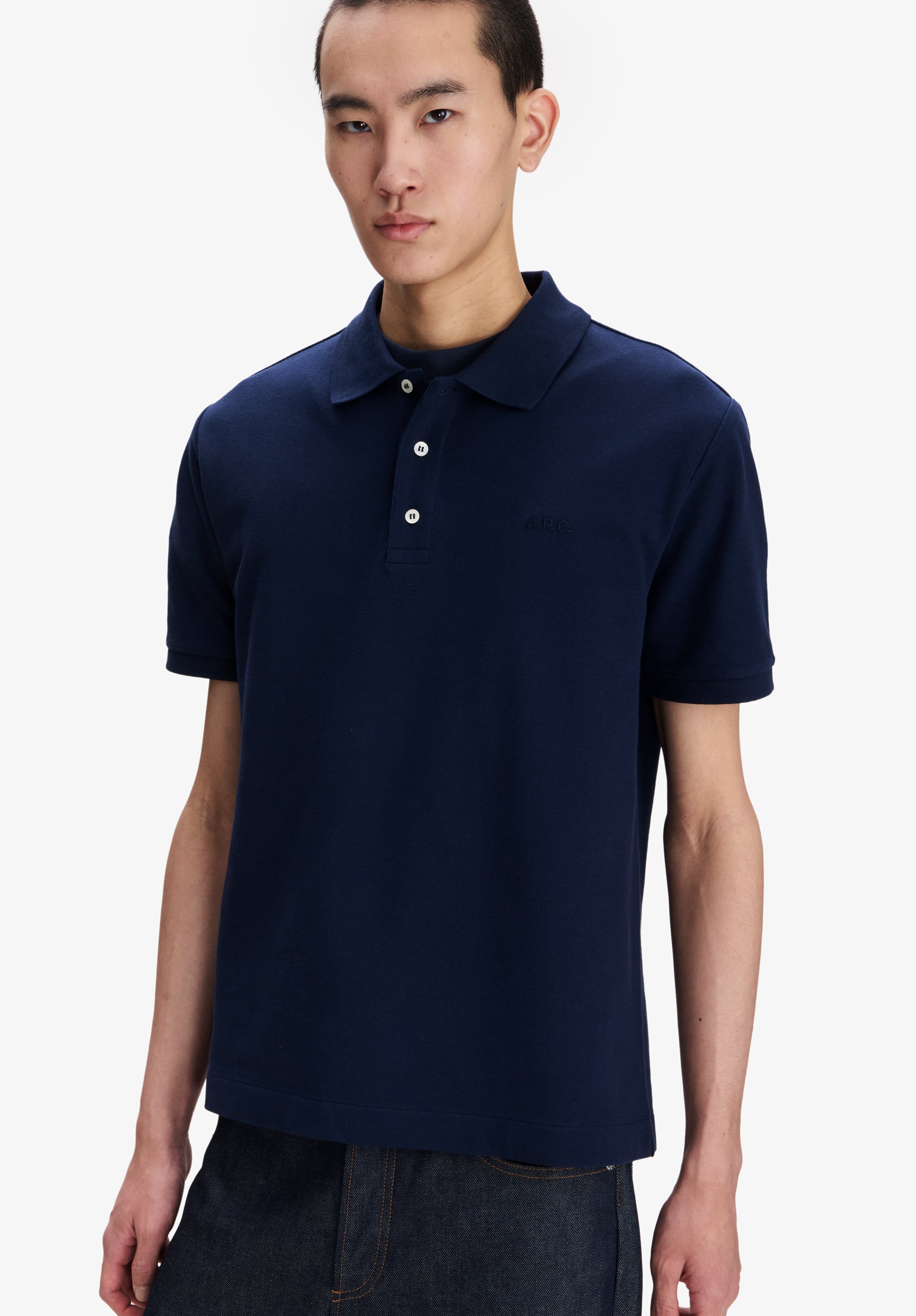 Navy blue cotton piqué polo - 3