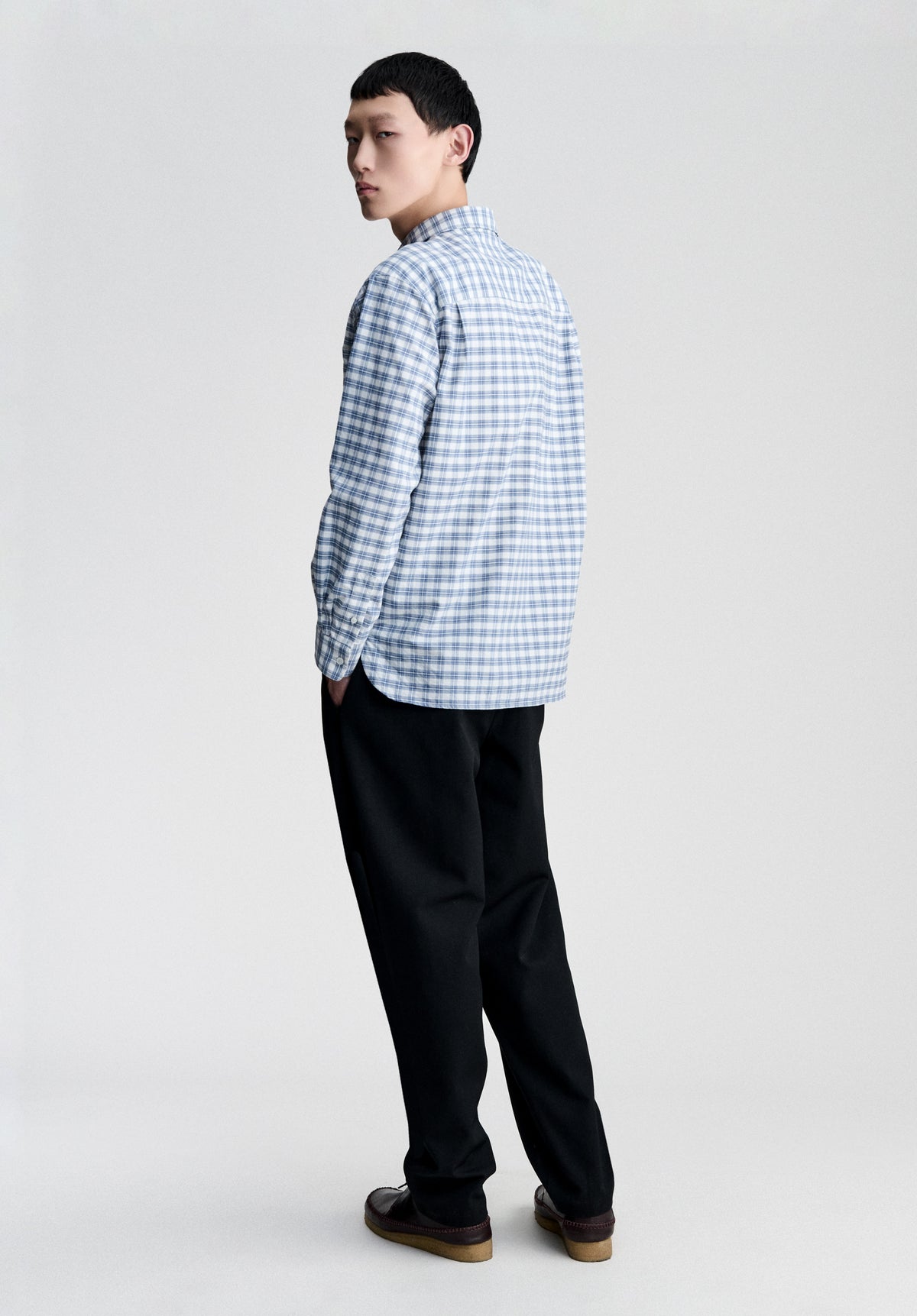 Ecru shirt with blue checks in organic cotton