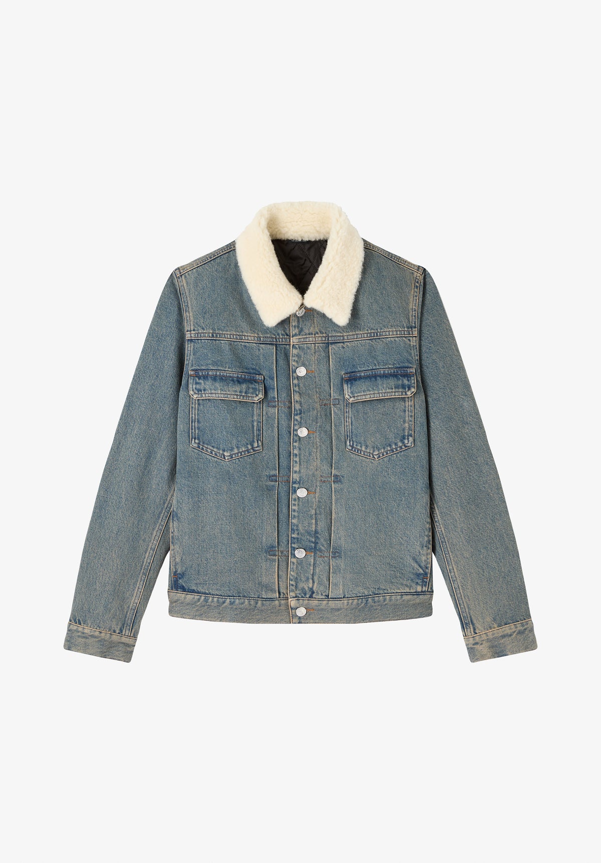 Faded indigo denim jacket with faux shearling collar