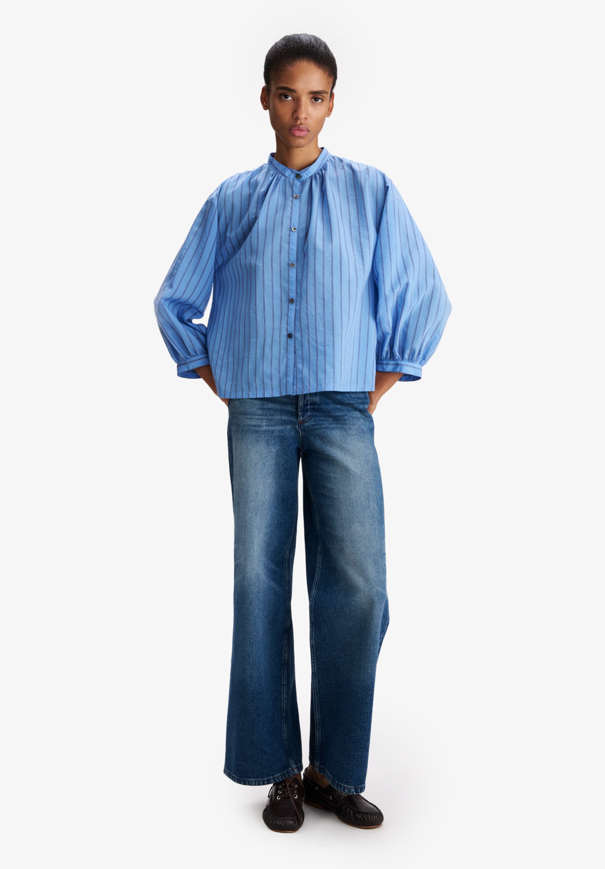 Light blue stand up collar blouse - 1