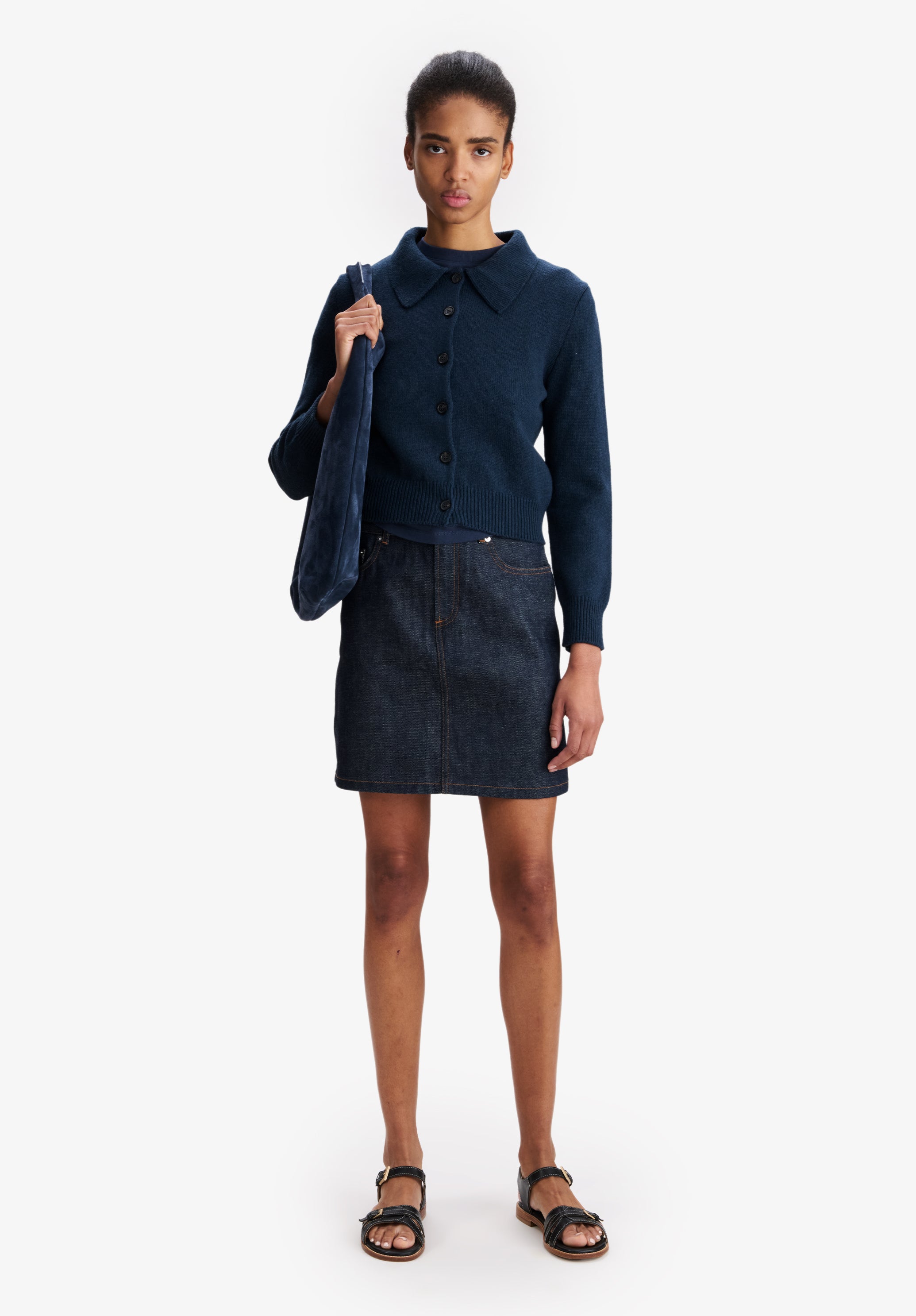 Navy blue wool collared cardigan - 1