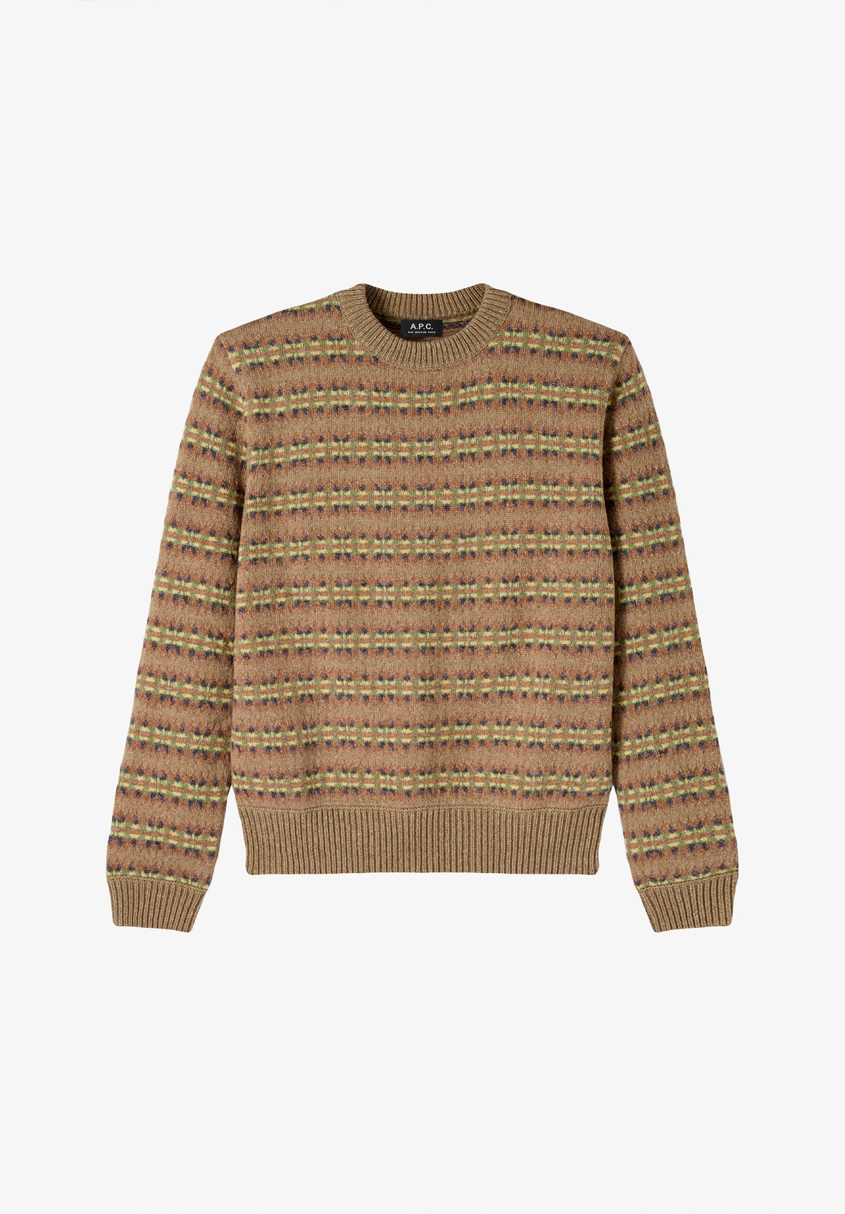 Gemusterter beigefarbener Pullover.