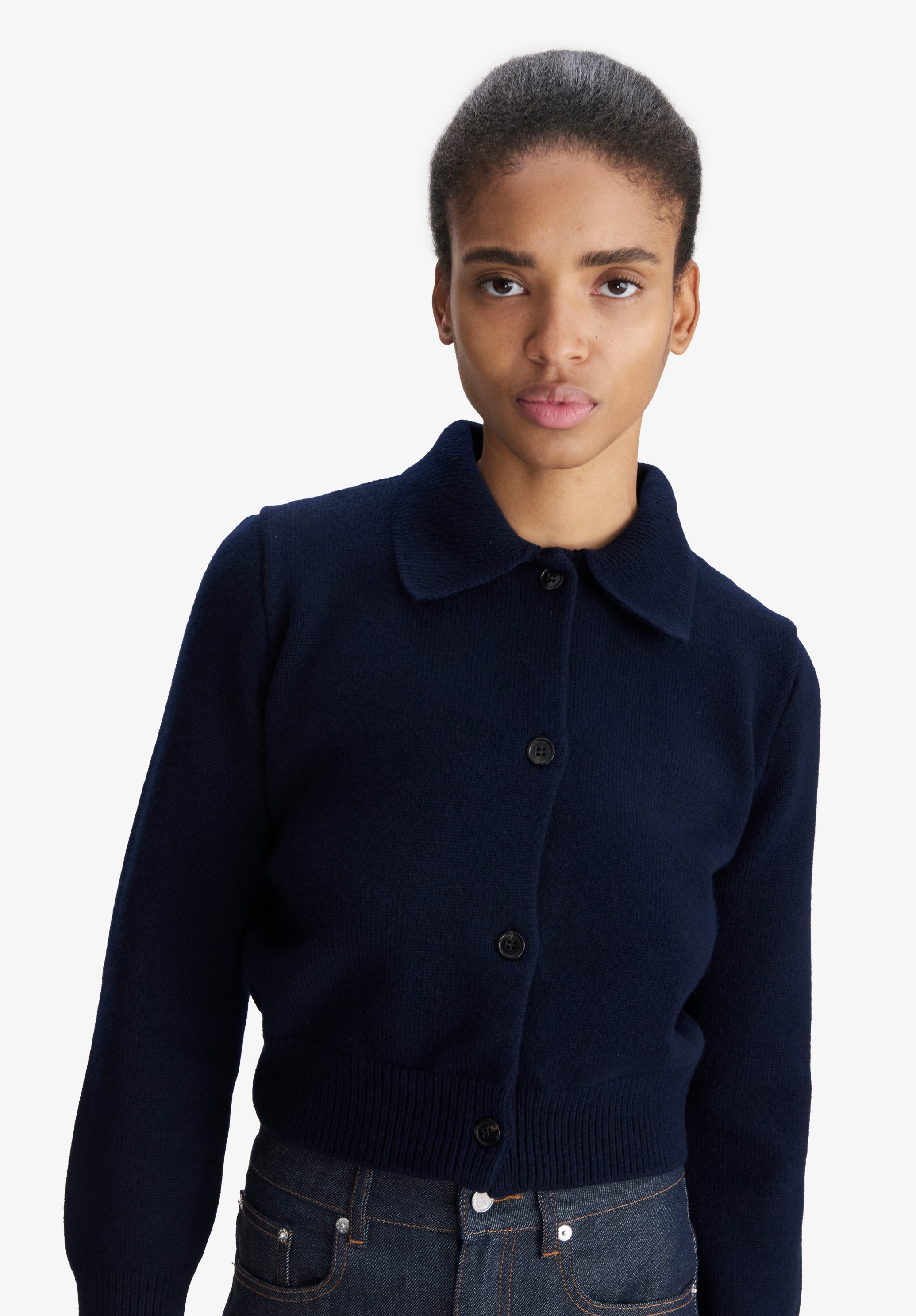 Solid-colour cardigan with polo shirt collar